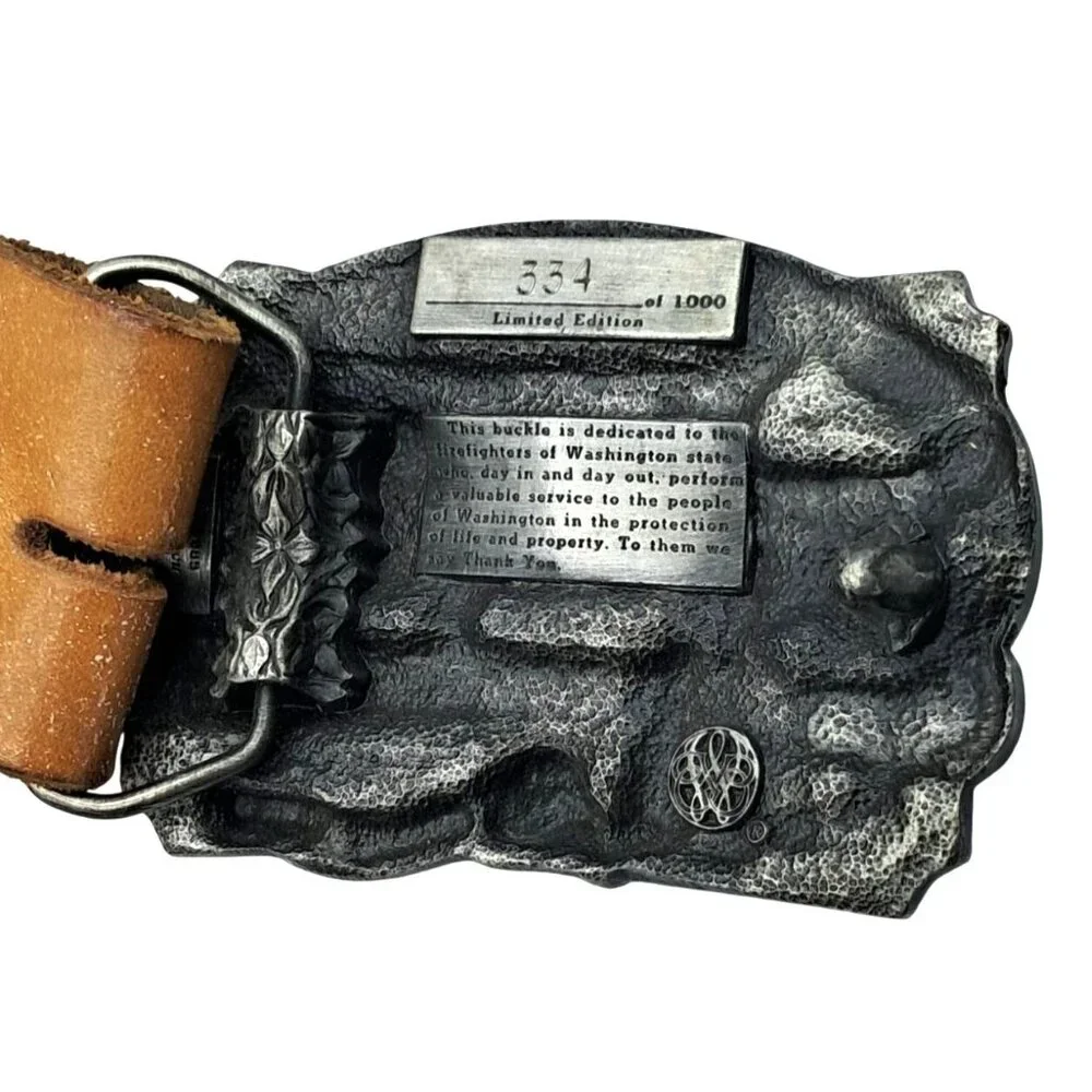 Washington Fire Fighters Belt Buckle & Tooled Leather Belt Vintage Siskiyou Buck